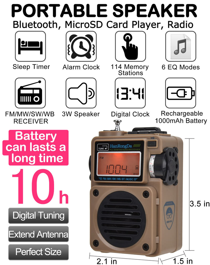  [AUSTRALIA] - HanRongDa Radio, Bluetooth Speaker Support MicroSD Card, FM MW WB Shortwave Receiver with NOAA Alerts and Sleep Timer, Rechargeable Retro Digital Radios with Backlit and Alarm for Camping HRD701 Brown