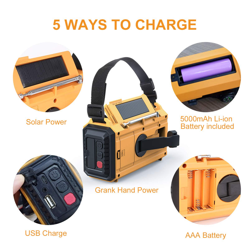 Weather Radio Raynic 5000mAh Solar Hand Crank Emergency Radio 5 Ways Powered AM/FM/SW/NOAA Weather Alert Portable Radio with Flashlight, Reading Lamp, Cellphone Charger and SOS Alarm (Yellow) - LeoForward Australia