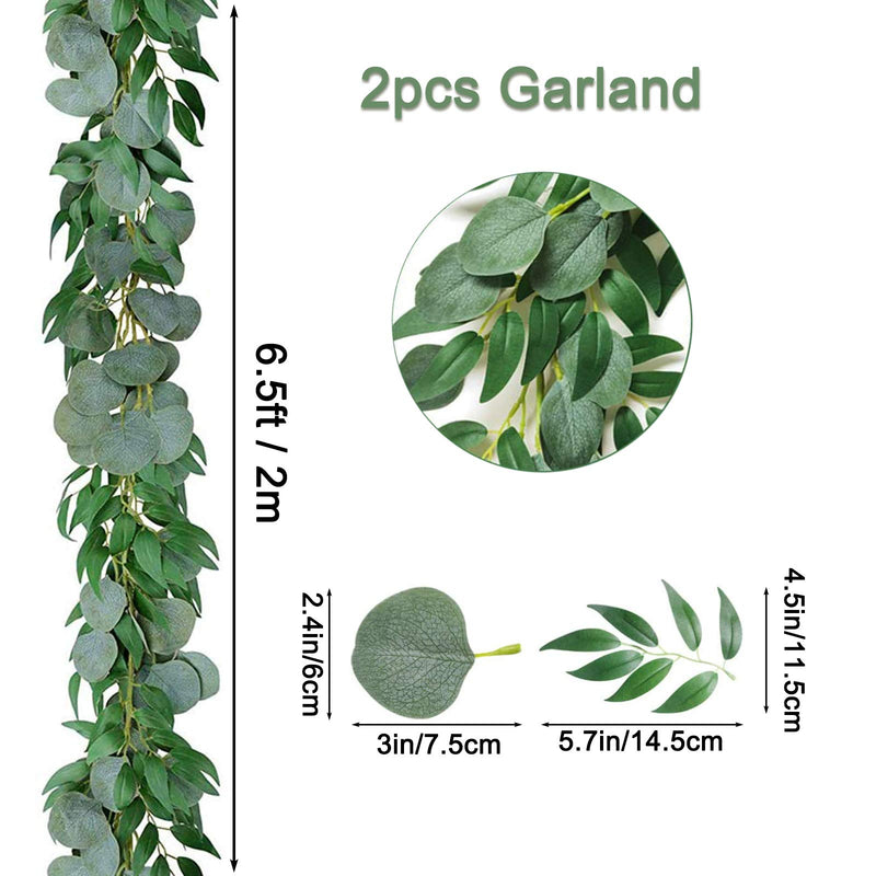  [AUSTRALIA] - Greentime 2 Pack 6.5 Feet Artificial Silver Dollar Eucalyptus Leaves Garland with Willow Vines Leaves Greenery Garland for Wedding Table Runner Centerpiece Arch Bridal Baby Shower Christmas Decor