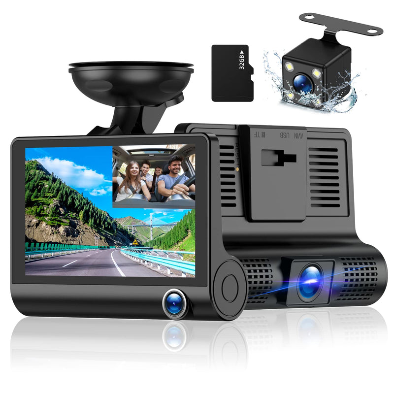  [AUSTRALIA] - 3 Channel Dash Cam Front and Rear Inside, 1080p 4 Inches 170° Wide Angle Dashcam, Dash Camera for Cars with 32GB Card, Super Night Vision, Loop Recording, G-Sensor, Motion Detection, Parking Mode black