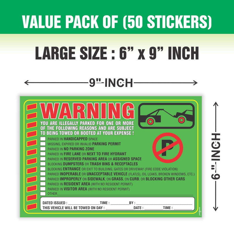  [AUSTRALIA] - Parking Violation Stickers Notice (Pack of 50) Tow Warning You are Illegally Parked Multi Reasons - Large Size 6" X 9" – Green