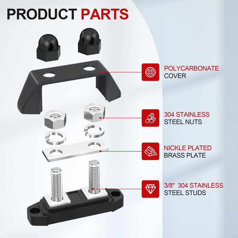  [AUSTRALIA] - RVBOATPAT Marine Bus Bar 12V 250A Power Distribution Block 12 Volt DC Busbar 3/8" Dual Studs Battery Bus Bar for Boat Automotive Solar System