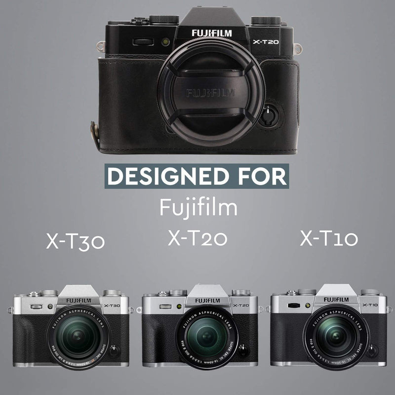  [AUSTRALIA] - MegaGear Ever Ready Leather Camera Half Case and Strap Compatible with Fujifilm X-T30, X-T20, X-T10 Black