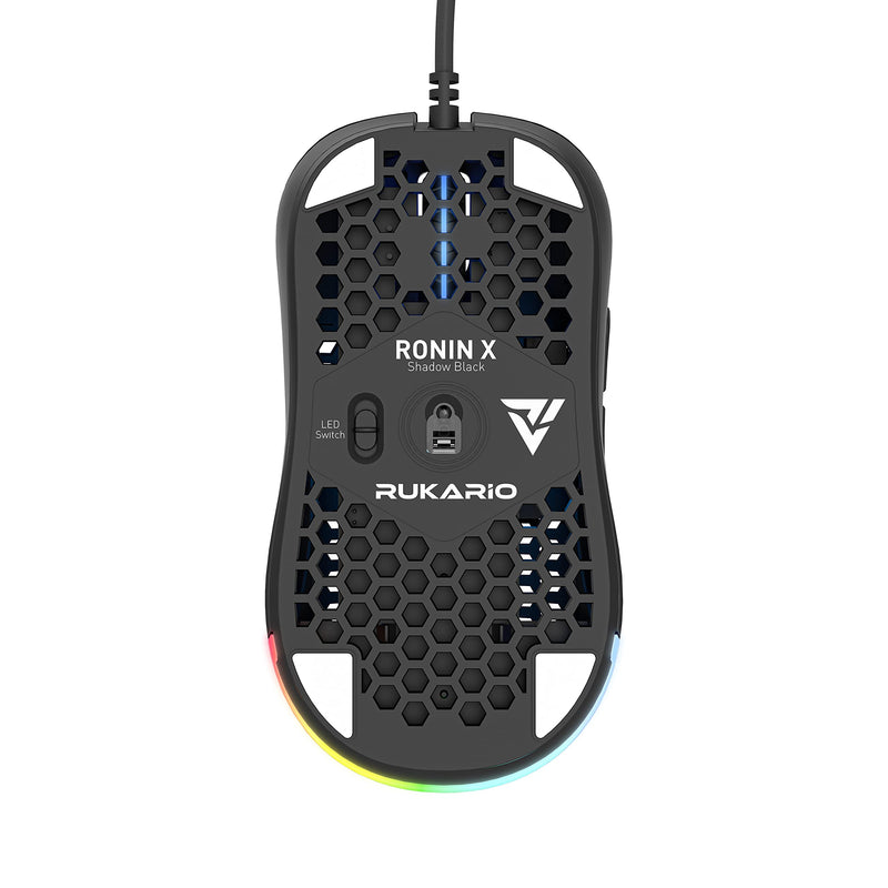  [AUSTRALIA] - Rukario Ronin X PC Gaming Mouse (Shadow Black, Wired) - Ultra Lightweight Symmetrical Honeycomb Shell | RGB Led | PTFE Glides | Pixart 3360 Sensor | 6 Buttons | Weight 63G | Adjustable Settings Shadow Black
