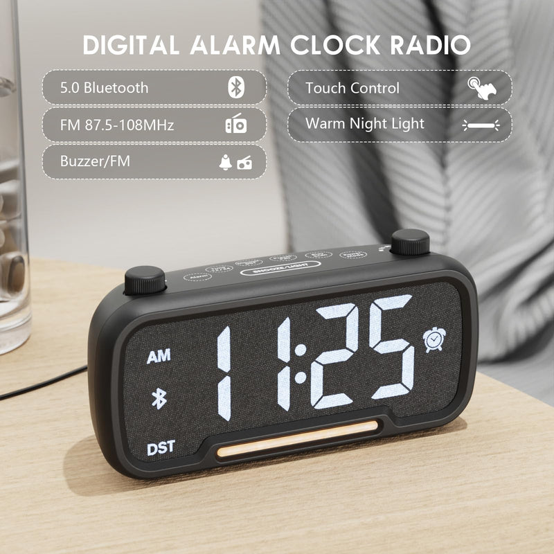  [AUSTRALIA] - ROCAM Alarm Clock Radio - Bluetooth Alarm Clock: Warm Night Light Digital Clock Dimmable 16 Levels Volume Type C & USB Ports for Bedroom Bedside | Nightstand | Kids | Teens | Seniors | Adults Black