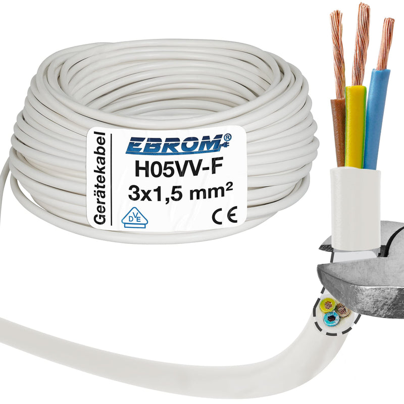  [AUSTRALIA] - Hose line device cable H05VV-F 3G1.5 mm² - 3x1.5 mm² - white - 5/10 or 25 meters selectable - your selection: 3x1.5 mm2 - length: 10 meters 10m