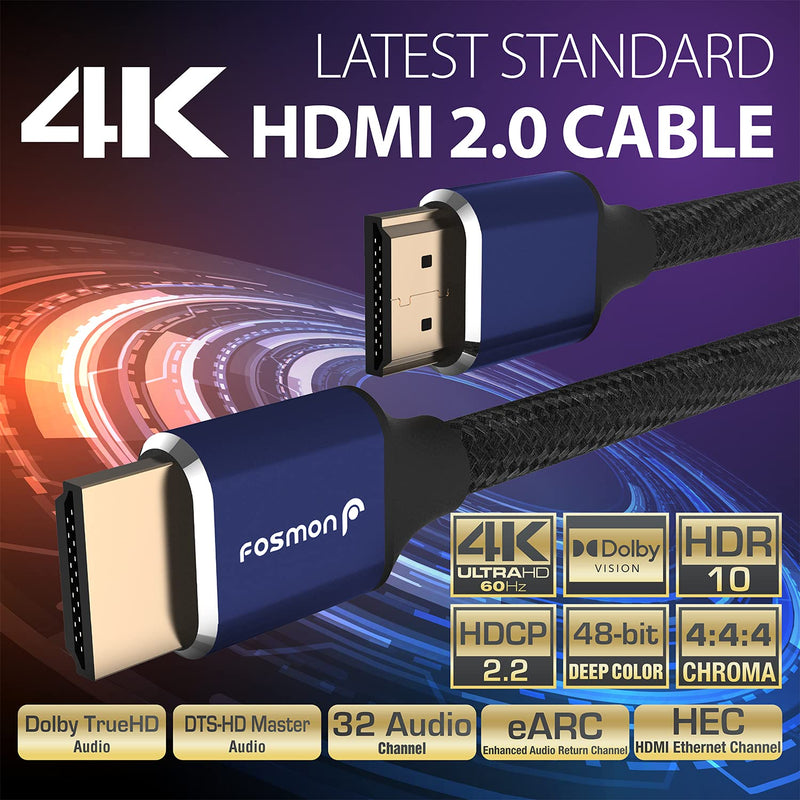  [AUSTRALIA] - Fosmon HDMI 2.0 Cable 4K@60Hz 1ft 2-Pack, Premium Certified in-Wall CL3 Rated, 18Gbps Super High Speed, HDR, HDCP 2.2/1.4, 3D, ARC, 30AWG Cotton Braided Compatible with UHD TV, Monitor, PS4/PS5, Xbox