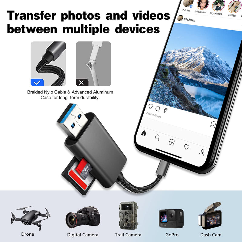  [AUSTRALIA] - SD Card Reader for iPhone iPad, Micro SD Card Reader Adapter USB 3.0 with Dual Slots, USB Memory Card Reader for iPhone, iPad, Desktop and Laptop, No APP Needed, Plug and Play