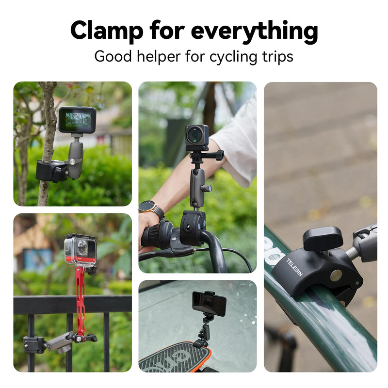  [AUSTRALIA] - Camera Clamp Mount, Aluminum Dual Ball Head Super Claw Monitor Gripper Magic Arm, Bicycle Bike Motorcycle Handlebar Bar Clip Holder for GoPro Insta360 DJI Action 2 Mirrorless SLR