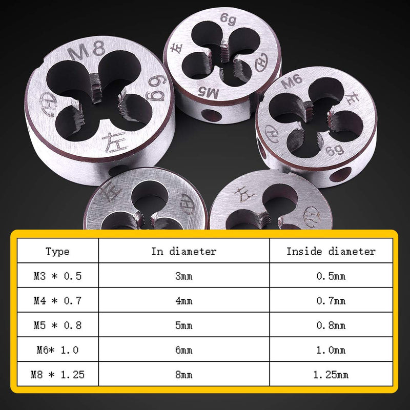  [AUSTRALIA] - ATOPLEE 5 pieces metric left-hand thread die set, M3 x 0.5 mm / M4 x 0.7 mm / M5 x 0.8 mm / M6 x 1.0 mm / M8 x 1.25 mm