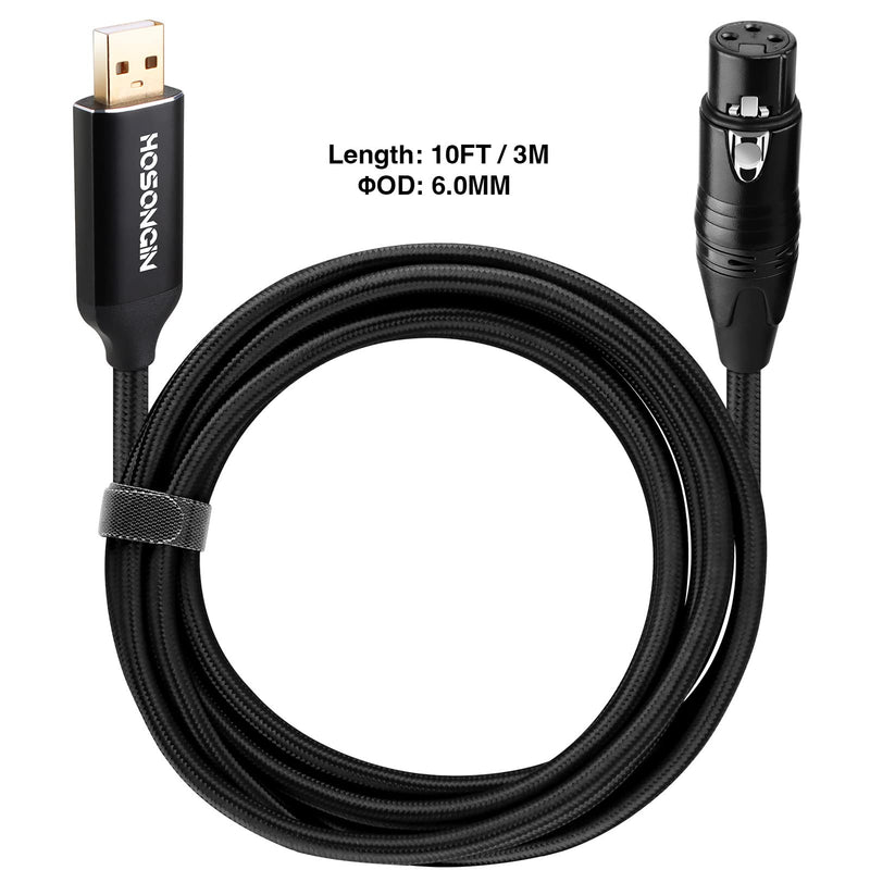  [AUSTRALIA] - HOSONGIN XLR to USB Microphone Cable [Upgrade Version, Braided Jacket, USB Aluminum Alloy Shell], USB Male to XLR Female Studio Audio Cable Mic Cords Adapter for Karaoke Sing or Recording - 10 Feet Black Nylon Braid