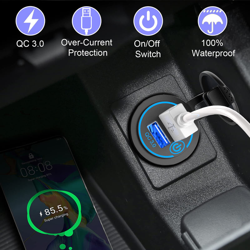  [AUSTRALIA] - Quick Charge 3.0 Dual USB Charger Socket, Qidoe Waterproof 12V USB Outlet 36W Dual QC3.0 USB Power Socket with Touch Switch DIY Car USB Port for Car Boat Marine RV Motorcycle Bus Truck Golf Cart etc Blue