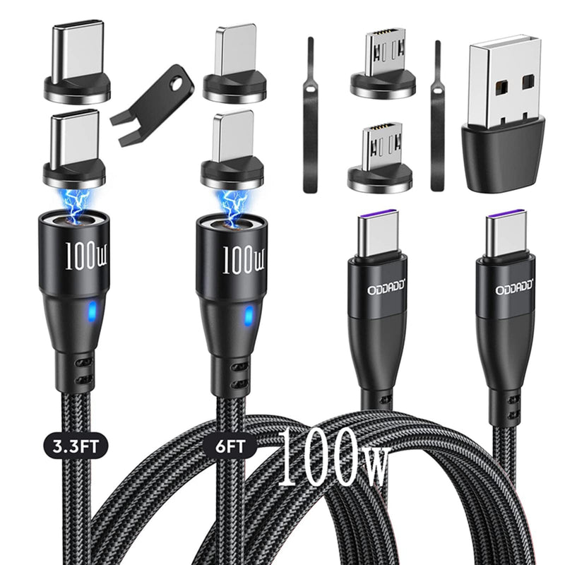  [AUSTRALIA] - ODDADD 100W USB C to USB C Magnetic Charging Cable, 6 in 1 PD Fast Charging Nylon Braided Data Sync Cord, USB C/A Cable Compatible with Micro USB, Type C and Most Devices(3.3ft+6ft) Black