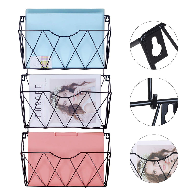  [AUSTRALIA] - KEEGH Wall File Folder Holder 3 Pockets Hanging Wall File Baskets Organizer Mail Holder Metal Office Magazine Rack with Hooks