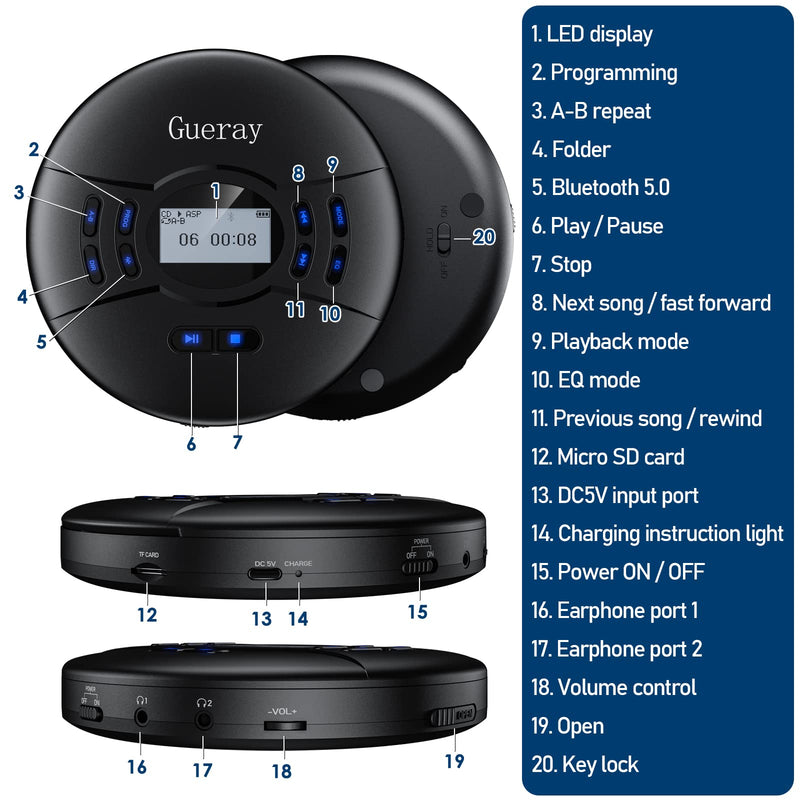  [AUSTRALIA] - Gueray Portable CD Player with Bluetooth Rechargeable 2000mAh Battery Personal CD Player Support TF Card Memory Function Hold Switch ASP LCD Display Dual Earphone Ports with AUX Cable Bluetooth CD Player