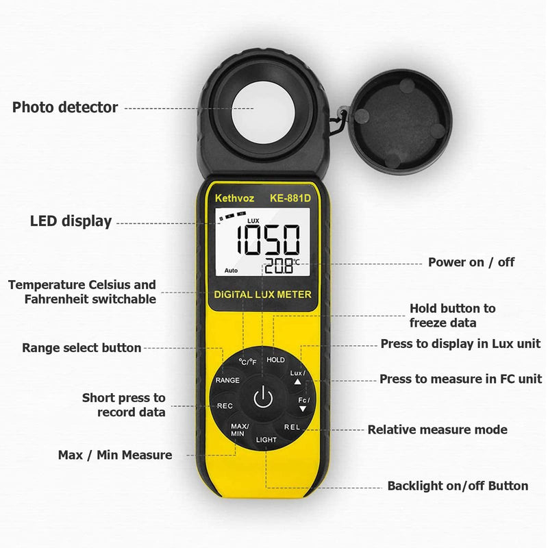  [AUSTRALIA] - Light Meter Foot Candle Lumen Tester, Kethvoz Digital Luxometro Measure Lighting Luminosity Brightness 0.1~400,000 Lux for Photography LED Plant Grow Light Aquarium KE-881D
