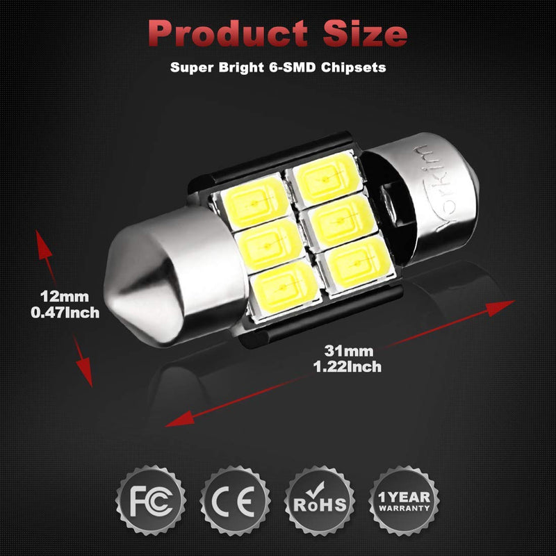 Yorkim DE3022 led bulb Super Bright DE3175 Festoon LED Bulbs White, Error Free Canbus 6-SMD 5730 Chipsets, DE3021 LED Interior Car Lights 31mm LED Bulbs for dome map light - Pack of 4 - LeoForward Australia