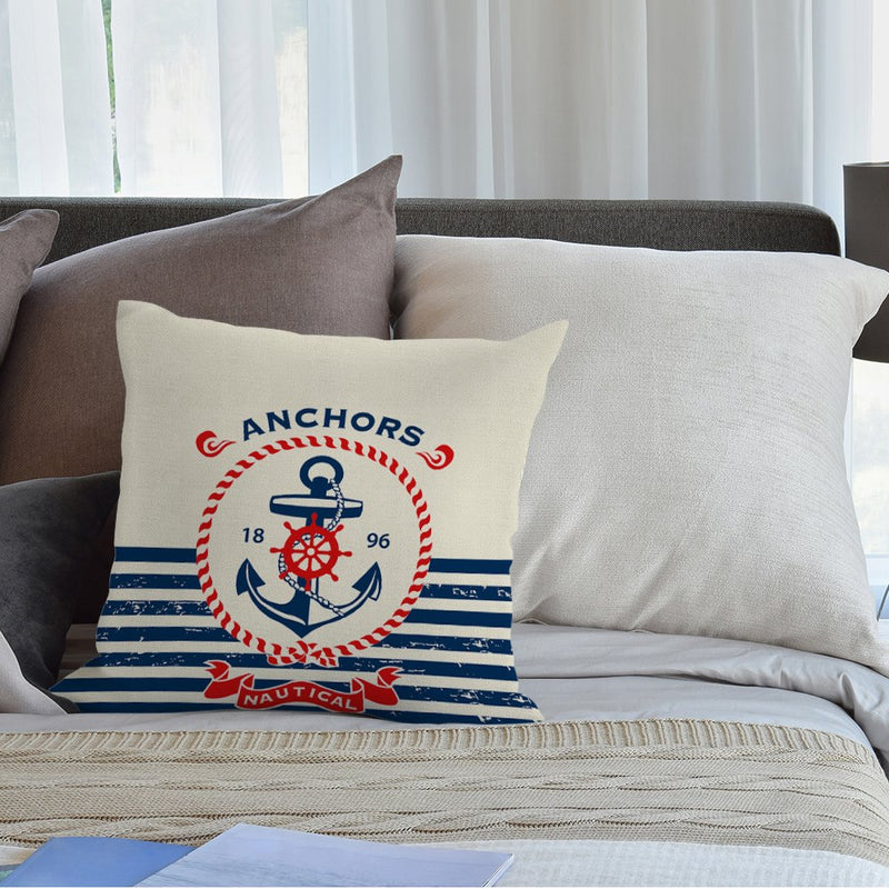  [AUSTRALIA] - Anchor Pillow Case,Vintage Retro Nautical Sailing Anchor Ring with Aztec Stripe Cotton Linen Cushion Cover Square Standard Decorative Throw Pillow for Men/Women 18x18 inch White Navy Blue Red Color 01