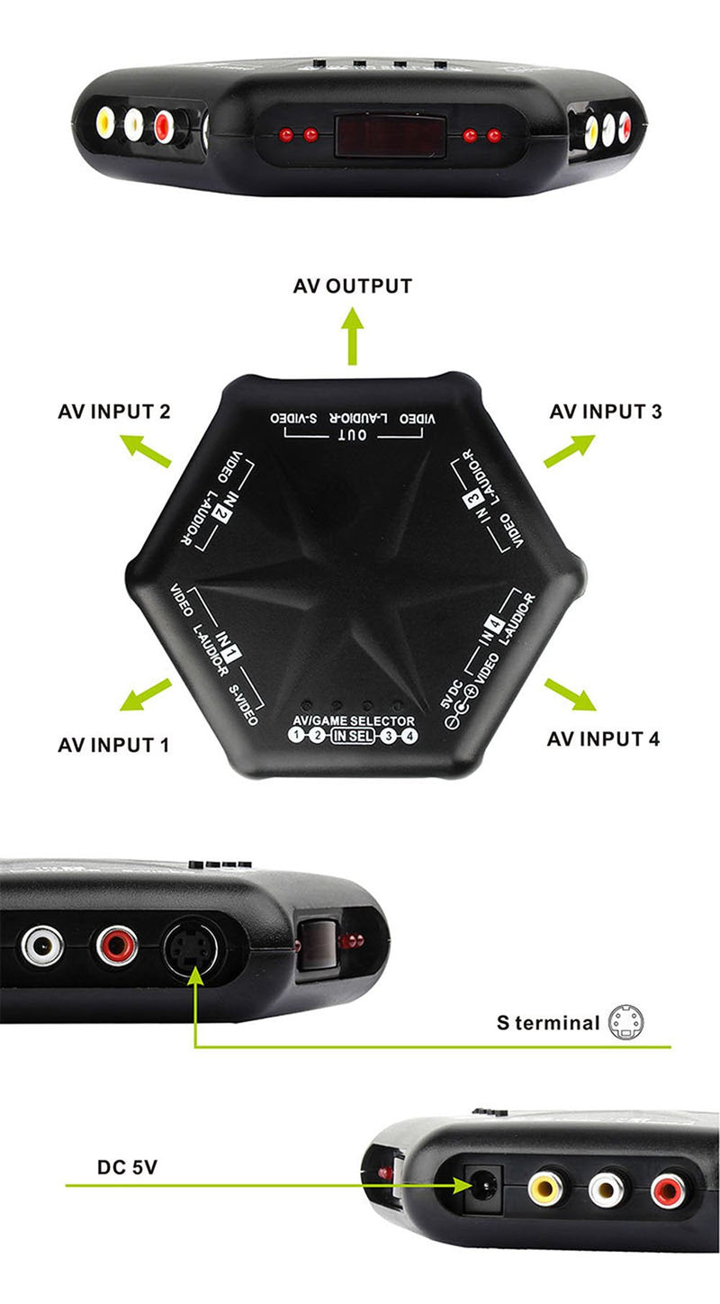  [AUSTRALIA] - RCA Splitter with 4-Way Audio Video，4 Port Input 1 Output Audio Video AV RCA Switch 4 Ways Selector Splitter Box for DVD STB Game Consoles (4 in 1 Out- A) 4 in 1 out- A