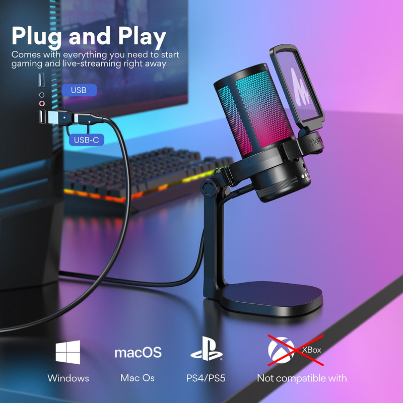  [AUSTRALIA] - MAONO USB Gaming Microphone for PC, Noise Cancellation Condenser Mic with RGB Lights, Mute, Gain for Streaming, Recording, Podcast, Chat, Twitch, YouTube, Discord, Computer, PS5, PS4, GamerWave Gaming Microphone Black