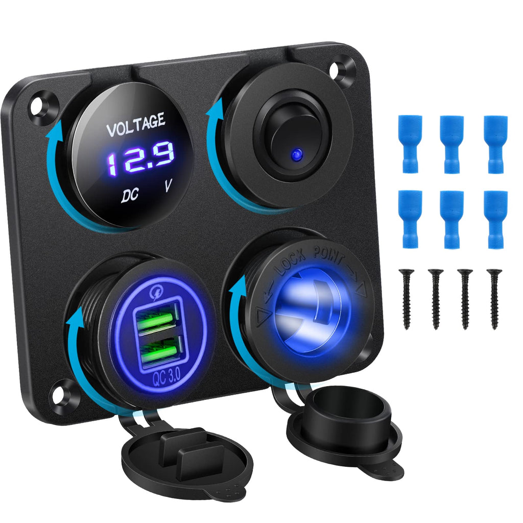  [AUSTRALIA] - Kohree 12V Marine Car Charger Socket Panel, 4 in 1 Waterproof Boat Cell Phone Rocker Switch Panel with Dual QC3.0 USB Power Outlet Cigarette Lighter Socket for RV Marine Boat Camper Truck Automotive