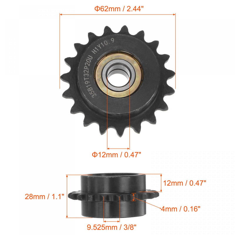  [AUSTRALIA] - uxcell #35 Chain Idler Sprocket, 12mm Bore 3/8" Pitch 19 Tooth Tensioner, Black Oxide Finished C45 Carbon Steel with Insert Double Bearing for ISO 06C Chains 62mm