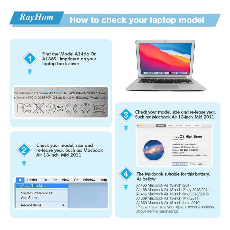 RayHom A1466 Laptop Replacement Battery for MacBook Air 13 inch A1466 (Mid 2012,Mid 2013,Early 2014, Early 2015,2017) A1369(Late 2010,Mid 2011 Version) 7200mAh, fits A1496 A1405 A1377 - LeoForward Australia