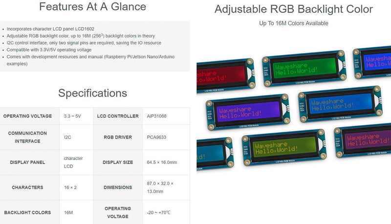  [AUSTRALIA] - LCD1602 RGB Display Module 16x2 Characters 16 Millions RGB Backlight Colors 3.3V/5V I2C Bus AiP31068 LCD Controller PCA9633 RGB Driver Compatible with Arduino Raspberry Pi/Pi Pico Jetson Nano