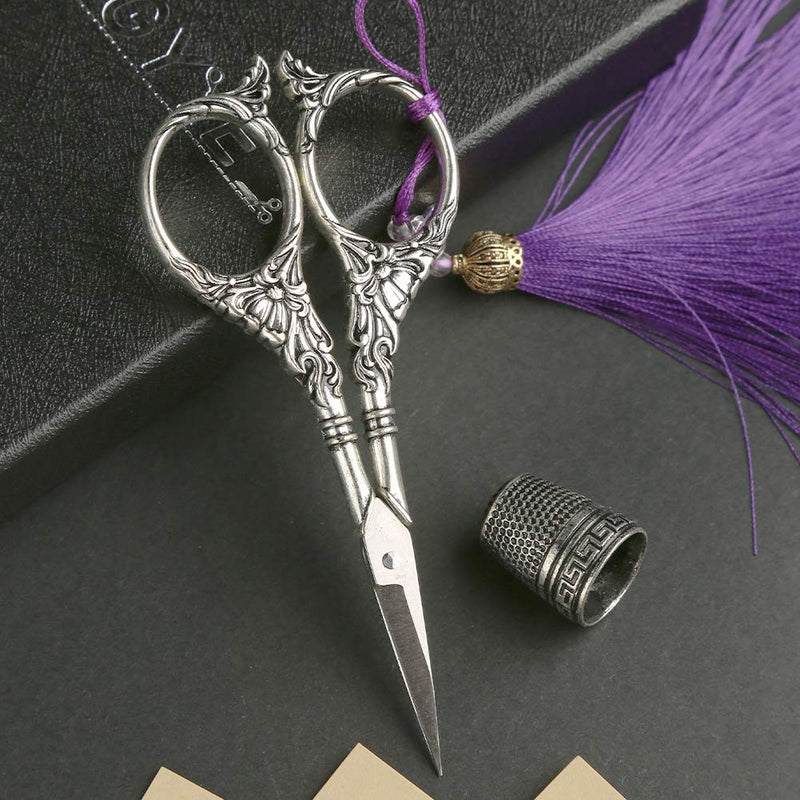  [AUSTRALIA] - Embroidery Scissors, Sewing Scissor Sharp Tip Stainless Steel, Vintage European Design Scissors with Tassel,Thimble, DIY Tools Dressmaker Shears for Fabric, Embroidery, Needlework(Silver)