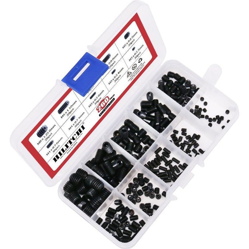 [AUSTRALIA] - Hilitchi 260pcs M3/4/5/6/8 Allen Head Socket Hex Grub Screw Set Assortment Kit with Plastic Box 12.9 Class Black Alloy Steel