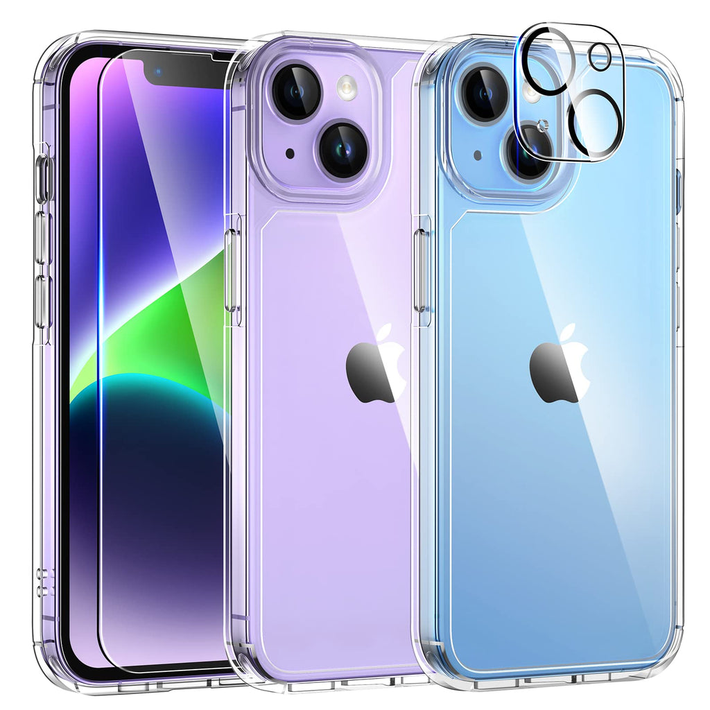  [AUSTRALIA] - TAURI [5 in 1] for iPhone 14 Case Clear, [Not Yellowing] with 2 Tempered Glass Screen Protector + 2 Camera Lens Protector [Military Grade Drop Protection] Shockproof Slim iPhone 14 Cover 6.1 Inch A-Crystal Clear