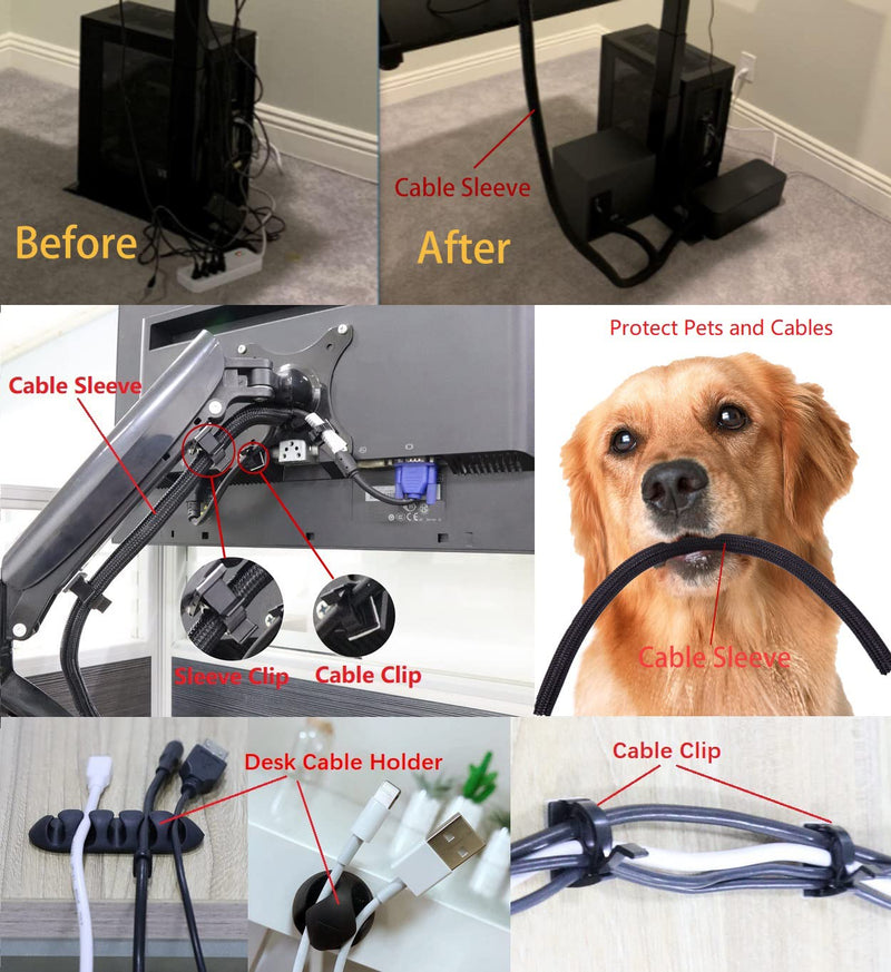  [AUSTRALIA] - Cable Management Cord Organizer 8ft - 1/2 inch Braided Cable Sleeve with 24 Clips, 6 Desk Cable Holders, 8 Ties, Cord Protector Wire Loom Split Sleeving - Protect Pet from Chewing Cords - Black