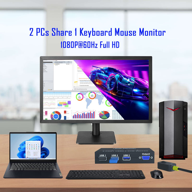  [AUSTRALIA] - VGA KVM Switch - USB VGA KVM Switch for 2 PC Share 1 Monitor & 3 USB 2.0 Hubs,Keyboard Mouse Printer,Flash Drive Plug & Play,Drive-Free for All OS,2 KVM Cables 1 Desktop Controller Included VGA 2P