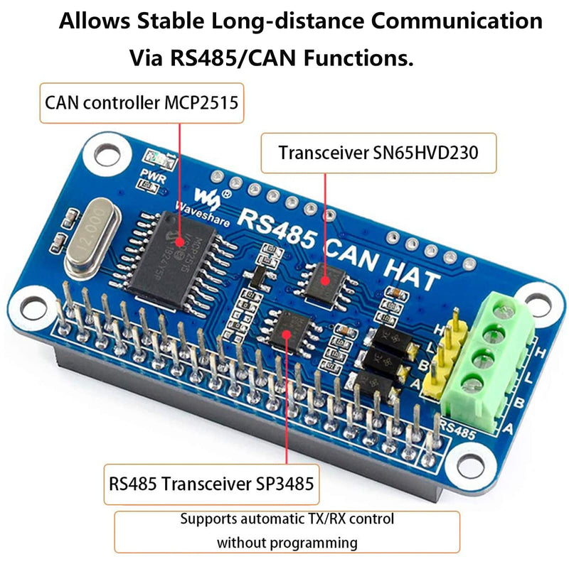  [AUSTRALIA] - RS485 CAN HAT for Raspberry Pi 4 3/2/1 Model B B+ A+, Onboard CAN Controller MCP2515 via SPI Interface, Transceiver SN65HVD230 and SP3485, Allow Long-Distance Communication via RS485/CAN Function