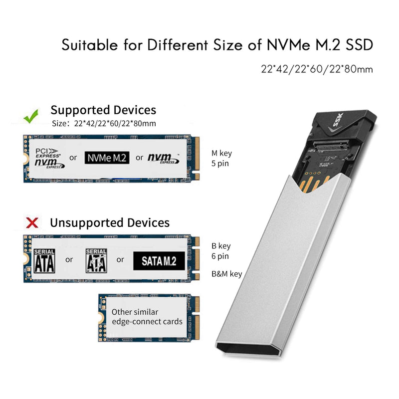  [AUSTRALIA] - SSK Aluminum M.2 NVME SSD Enclosure Adapter, USB 3.1/3.2 Gen 2 (10 Gbps) to NVME PCI-E M-Key Solid State Drive External Enclosure Support UASP Trim (Fits only NVMe PCIe 2242/2260/2280)