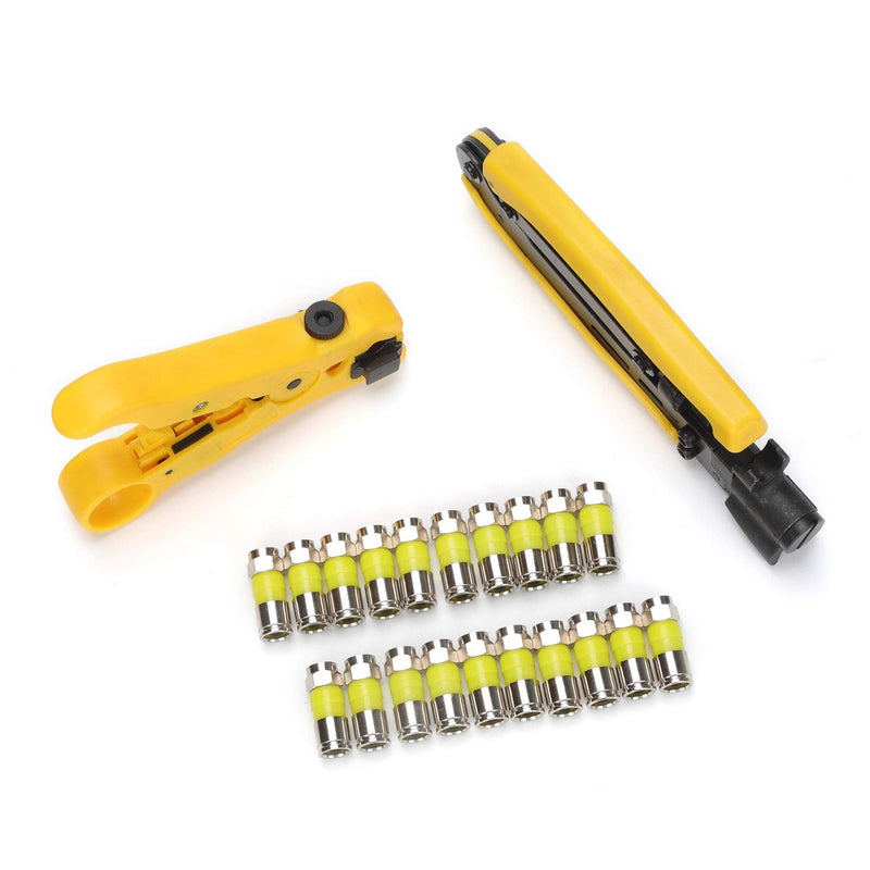  [AUSTRALIA] - TLS.eagle F Plug Compressor Connector and Adjustable Coaxial Cable Stripper Crimp Tool for RG6/RG59/RG11/RG7 20Packs Yellow