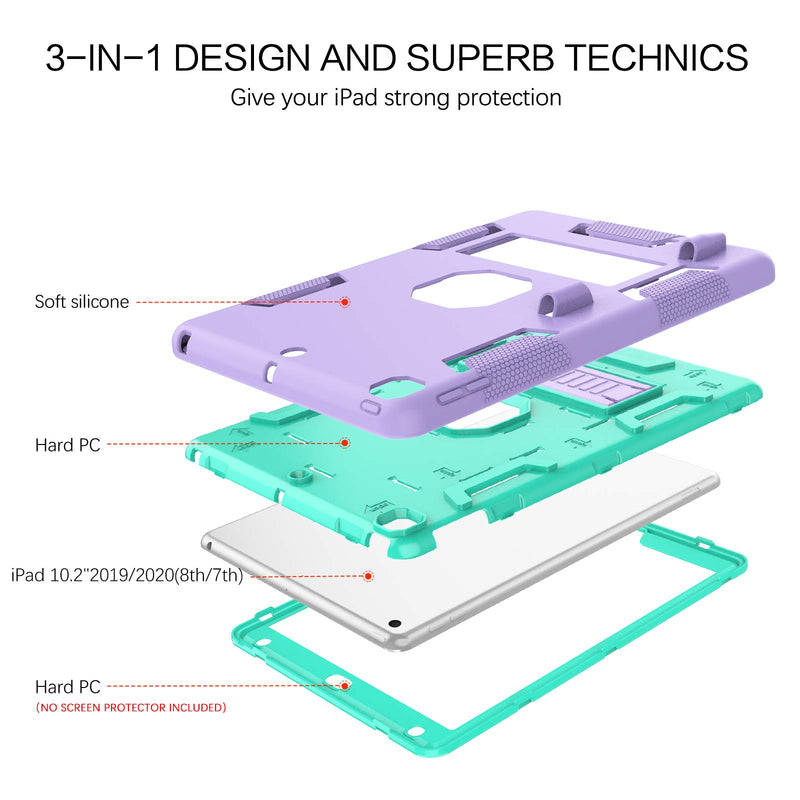  [AUSTRALIA] - BENTOBEN iPad 9th Generation Case, iPad 8th Generation Case, iPad 7th Gen Case, iPad 10.2 2021/2020/2019 Case, 3 in 1 Heavy Duty Rugged Shockproof Protective Cover with Stand Pen Holder, Purple/Green