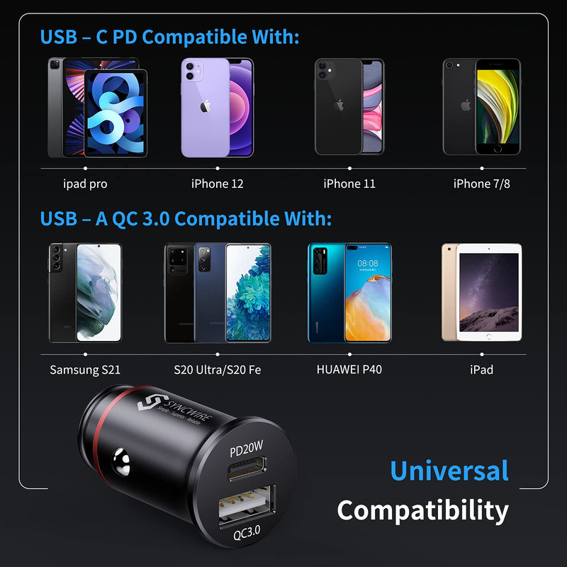 Syncwire USB C Car Charger 38W Fast USB Car Charger PD&QC 3.0 Dual Port [Super Mini & All Metal] Car Adapter Cigarette Lighter Compatible with iPhone 12/12 Pro/12 Pro Max/11/XS, Samsung and More - LeoForward Australia