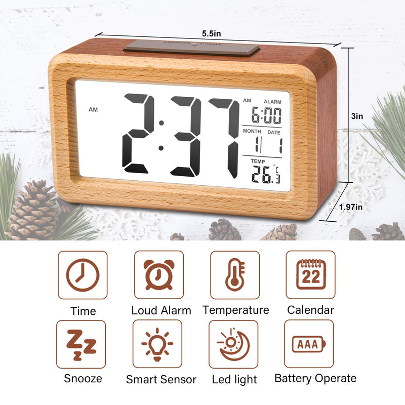  [AUSTRALIA] - OURISE Wooden Large LED Digital Alarm Clock, Smart Sensor Night Light with Snooze, Date, Temperature, 12/24Hr Switchable,Easy to Use,Solid Wood Shell, for Bedrooms and Travel,Battery Operated(Brown) Brown