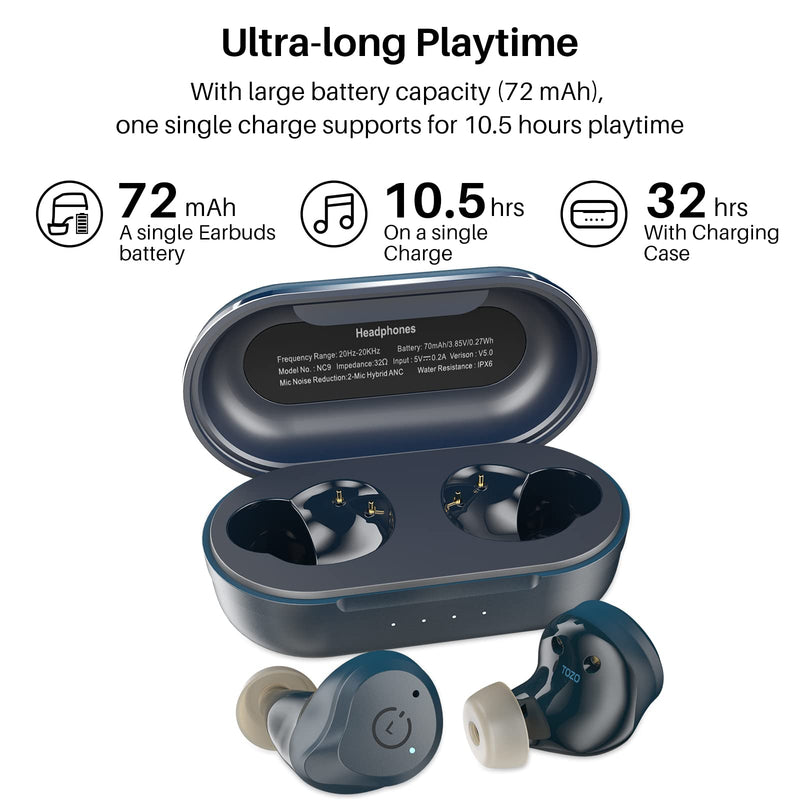  [AUSTRALIA] - TOZO NC9 Hybrid Active Noise Cancelling Wireless Earbuds,in Ear Headphones IPX6 Waterproof Bluetooth 5.0 Stereo Earphones, Immersive Sound Premium Deep Bass Headset, Royal Blue