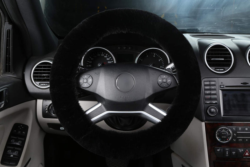  [AUSTRALIA] - ANDALUS Car Steering Wheel Cover, Fluffy Pure Australia Sheepskin Wool, Universal 15 inch (Black) Black