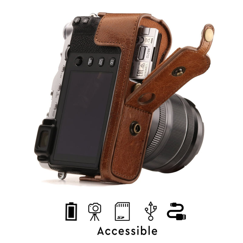  [AUSTRALIA] - MegaGear MG1340 Ever Ready Genuine Leather Camera Case & Strap for Fujifilm X-E3 (23mm & 18-55mm) with Battery Access, Light Brown