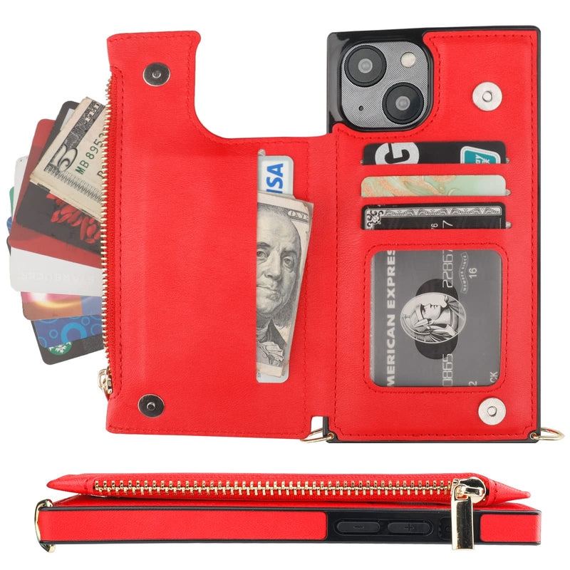  [AUSTRALIA] - Bocasal Crossbody Wallet Case for iPhone 14 Plus with RFID Blocking Card Slot Holder, Magnetic Flip Folio Purse Case, PU Leather Zipper Handbag with Detachable Lanyard Strap 6.7 Inch 5G (Red) Red