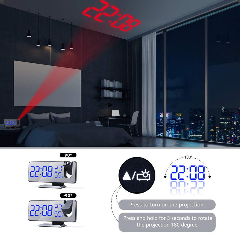  [AUSTRALIA] - Number-One Projection Digital Alarm Clock for Bedrooms, FM Radio Alarm Clock, 7.5'' Dual Alarms with Snooze, USB Charging Port, Temperature & Humidity Display, 180° Rotable, 4 Dimmer, 12/24 Hours