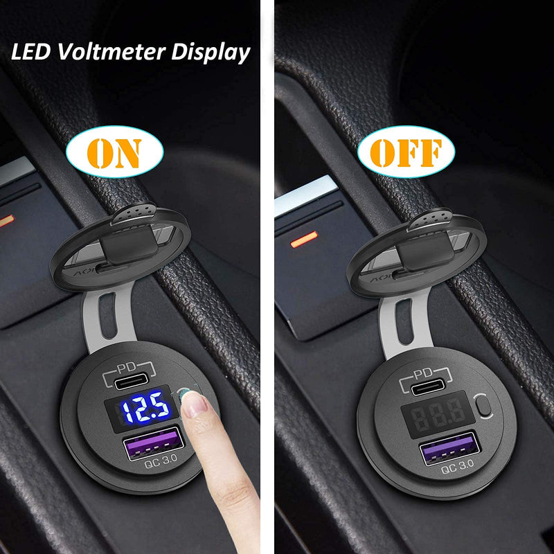  [AUSTRALIA] - [ 2 +1 Pack] USB C Car Charger Socket, Qidoe 48W Dual PD USB-C & QC 3.0 USB Outlet with LED Voltmeter and ON/Off Switch Fast Car Charger Adapter for 12V/24V Car, Boat, RV, Truck, Golf, Motorcycle