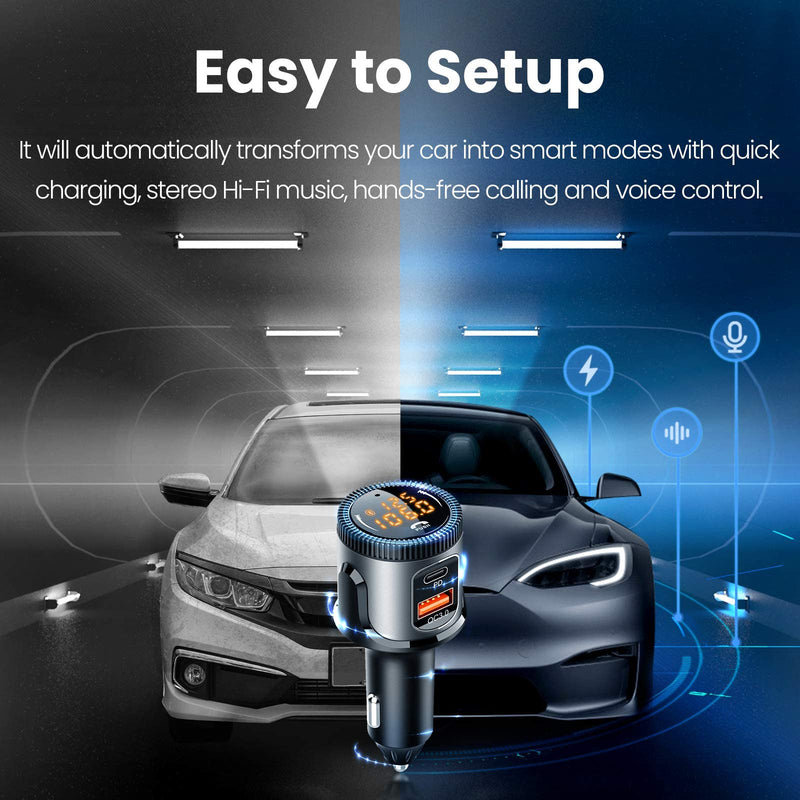  [AUSTRALIA] - Bluetooth 5.1 FM Transmitter for Car, Wireless Bluetooth Car Adapter with 36W QC 3.0 + PD 3.0 USB C Fast Charger, Car Radio Transmitter, Support Hands-Free Phone Call Siri Voice Assistant