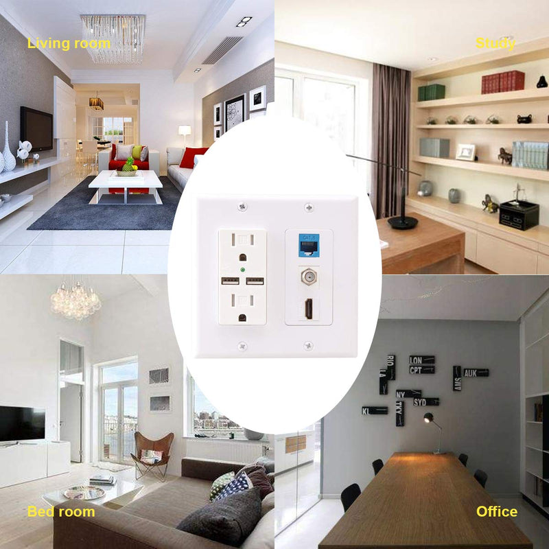  [AUSTRALIA] - Hdmi USB Outlet Charger Wall Plate,2 Power Outlet 15A with Dual 2.1A USB Charger Port,PHIZLI 1 HDMI HDTV + 1 CAT6 RJ45 Ethernet + Coaxial Cable TV F Type Keystone Face Plate White