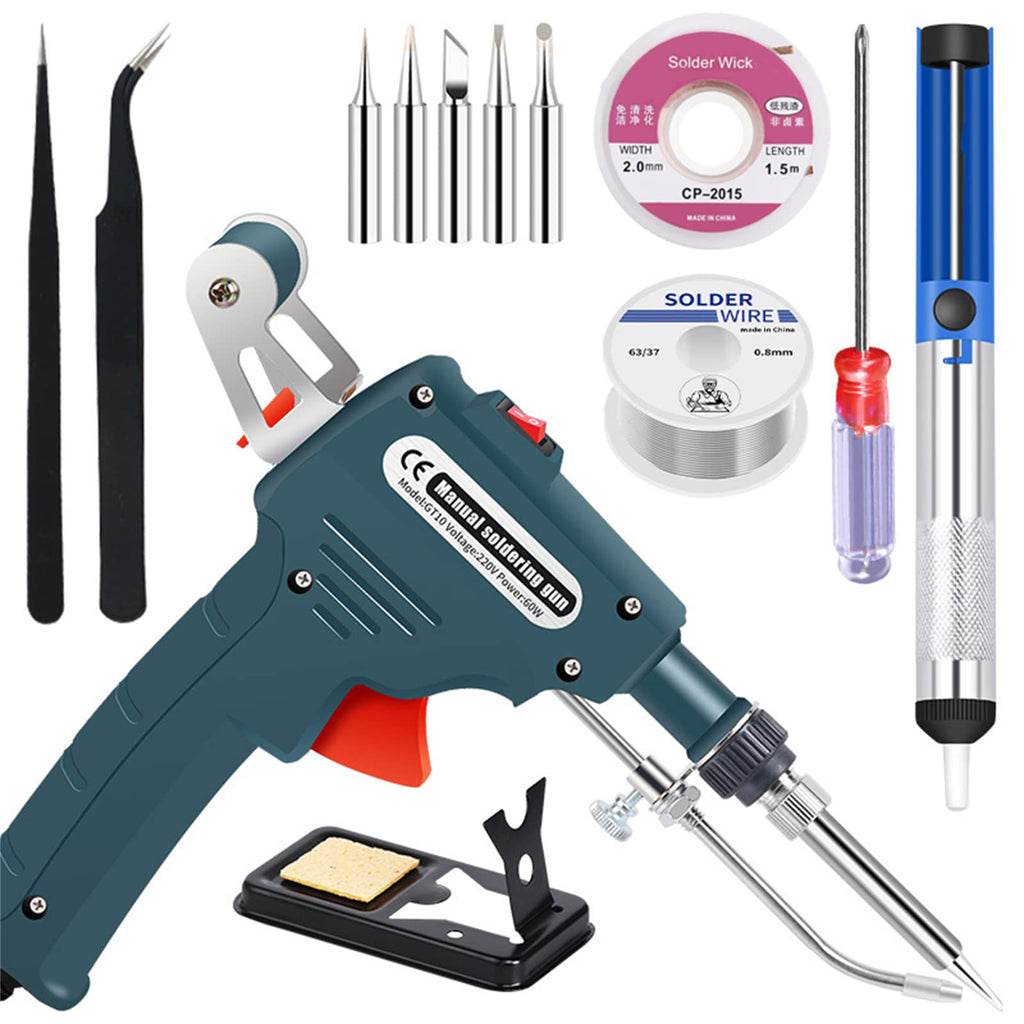  [AUSTRALIA] - 60W Soldering Iron Set Automatic Electronics Soldering Gun Kit with Desoldering Pump, Tweezers, Handheld Desoldering Tin Gun for Jewelry, DIY, Circuit Board Repair (Green) Green