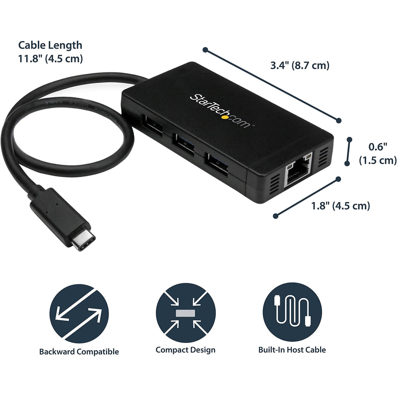  [AUSTRALIA] - StarTech.com 3 Port USB C Hub with Ethernet - USB-C to 3X USB-A w/Power Adapter & Gigabit Ethernet - Thunderbolt 3 Compatible - USB C Network Adapter (HB30C3A1GE) Standard (Black) Ethernet w/ 3x USB-A