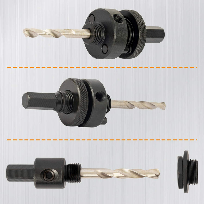 SUNGATOR Hole Saw Mandrel, 4-Piece Hole Saw Arbor Set, 7/16" and 3/8" Shank Fit 3/4-Inch to 6-Inch Diameter, Including Medium Adapter and HSS Pilot Drills Suitable for Common Brand Hole Saws - LeoForward Australia